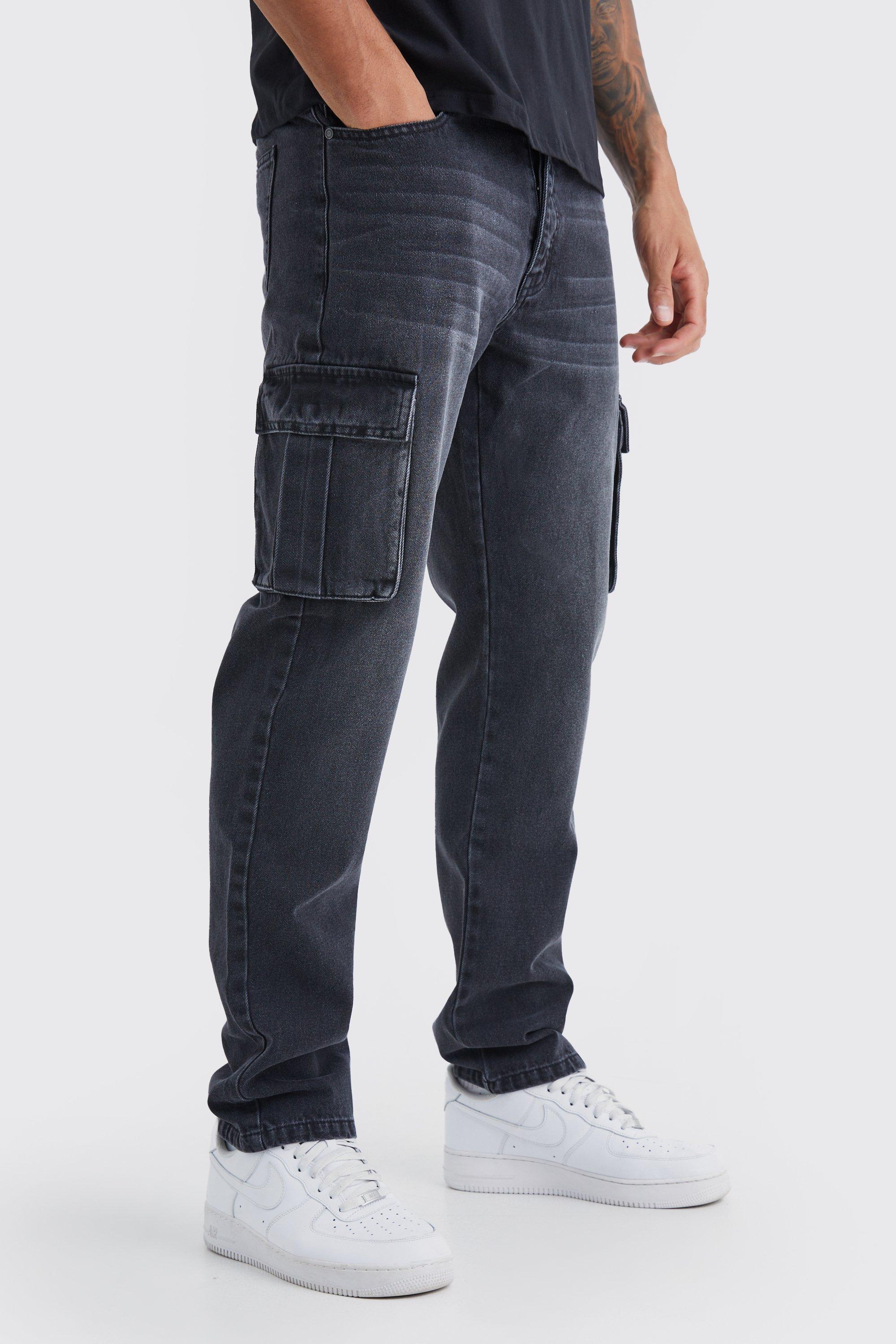 Mens Black Tall Straight Rigid Cargo Jeans, Black